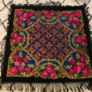 Huge Russian Pavlovo Posad Traditional Shawl 100% Wool Scarf with fringe